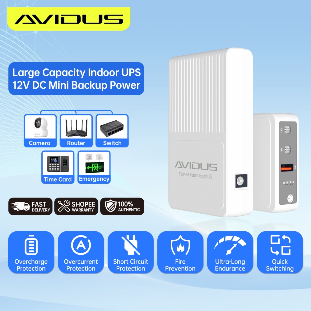 AVIDUS S110 10400mAh 2A Mini UPS Backup Power Supply 5V 9V 12V Voltage Adaptation Output For indoor CCTV Camera Wifi Router