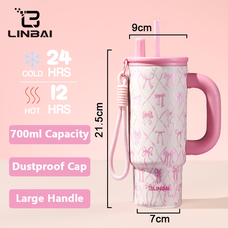 LINBAI Flask 24oz Colorful Insulated Tumbler with Straw Vacuum Stainless Steel Water Bottle Leakproof Cute Cup — view 4