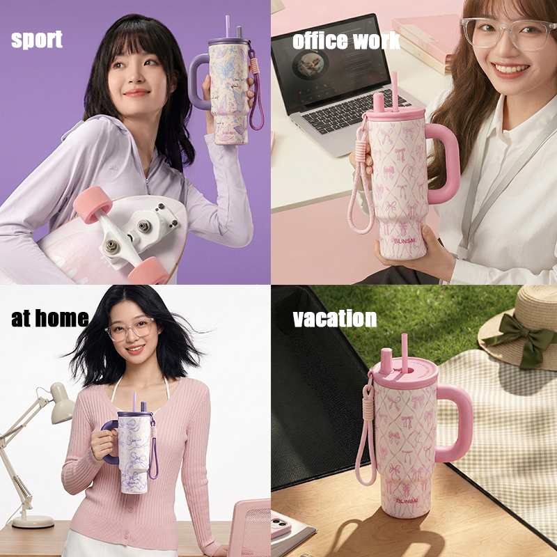 LINBAI Flask 24oz Colorful Insulated Tumbler with Straw Vacuum Stainless Steel Water Bottle Leakproof Cute Cup — view 2