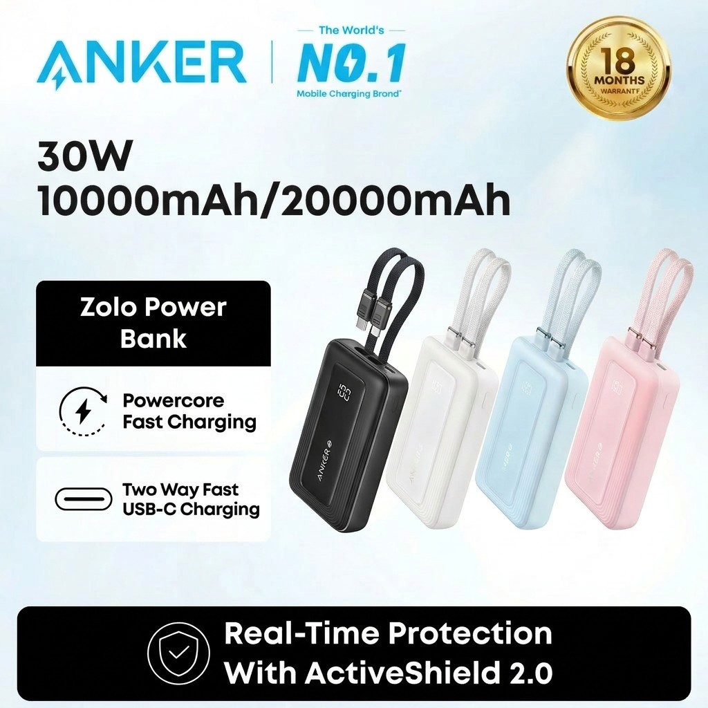ANKER Zolo 10000/20000 mAh Powerbank PD 30W Power Delivery Battery Built-In USB-C+Lightning Cable A1680/A1681 — view 7