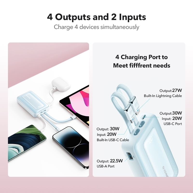 ANKER Zolo 10000/20000 mAh Powerbank PD 30W Power Delivery Battery Built-In USB-C+Lightning Cable A1680/A1681 — view 2