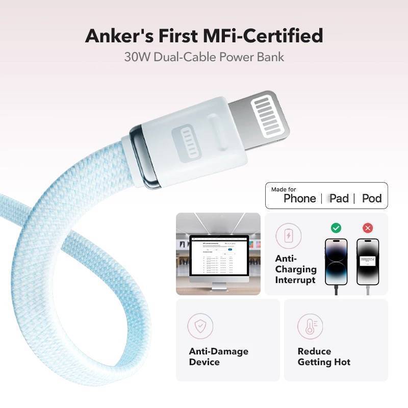 ANKER Zolo 10000/20000 mAh Powerbank PD 30W Power Delivery Battery Built-In USB-C+Lightning Cable A1680/A1681 — view 4