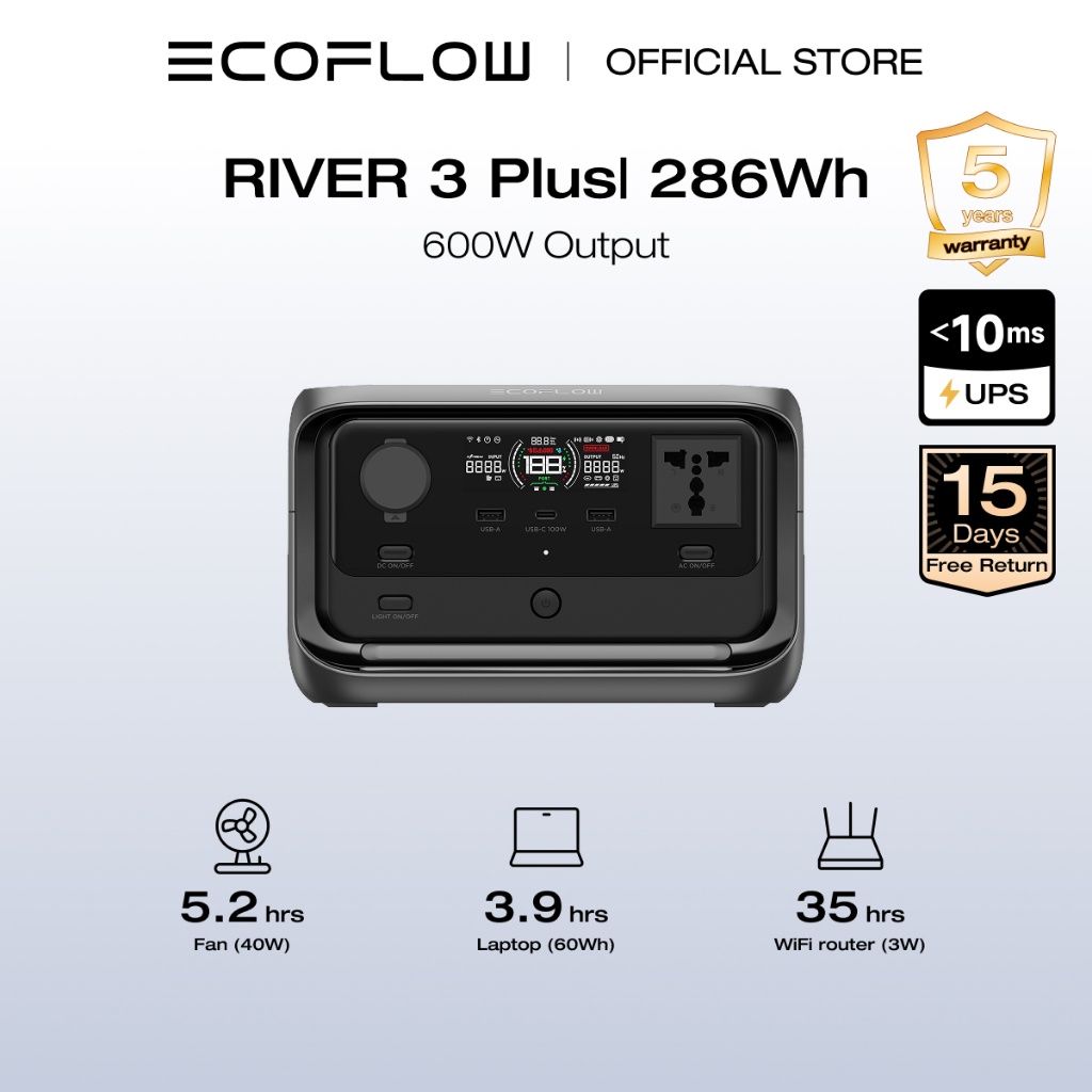 EcoFlow Portable Power Station RIVER 3 Plus, 286Wh LiFePO4 Battery, 3 Up to 1200W AC Outlets, <10 MS UPS, Expandable to 858Wh, <30 dB Quiet, 1Hr Fast Charging Solar Generator for Outdoor Camping/RV
