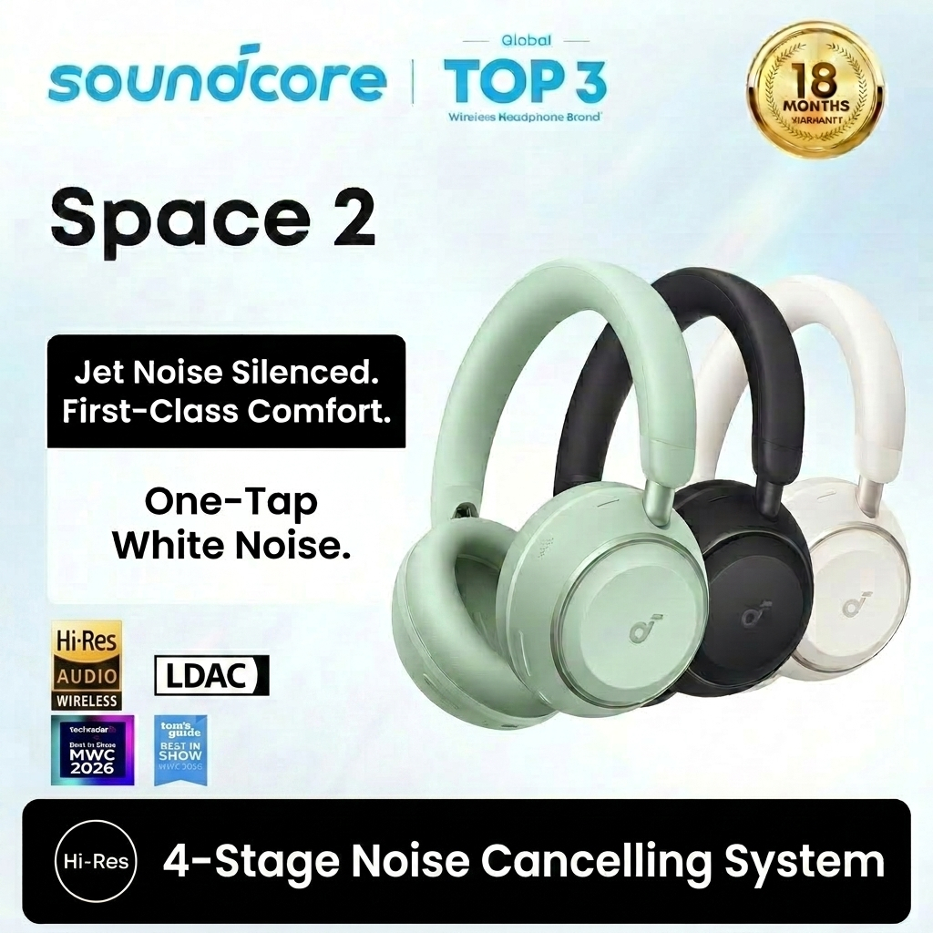 【New, WITH GIFT】ANKER Soundcore Space 2 Active Noise Cancelling Headphones, Comfortable Fit, 50H Playtime, LDAC Hi-Res Wireless Audio, Dual Connection, Clear Calls, Bluetooth 6.1, Nap Mode, W — view 6