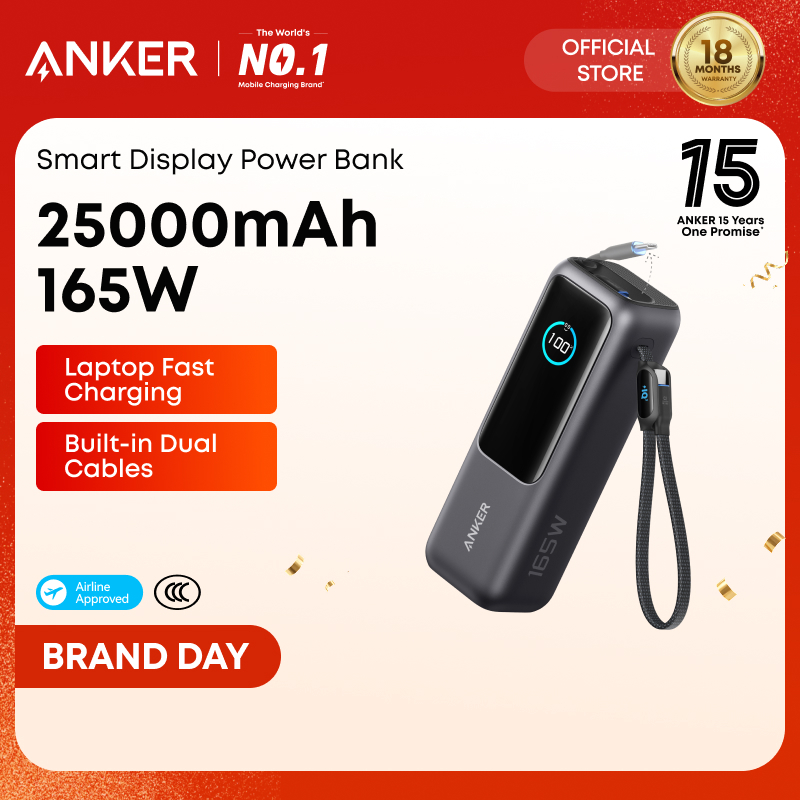 【Hot, CCC Certified】ANKER Laptop Power Bank 25,000mAh Portable Charger with Triple 165W USB-C Ports for Multi-Device Charging, Built-In and Retractable Cables A1695