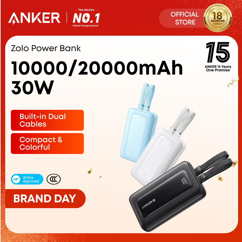 ANKER Zolo 10000/20000 mAh Powerbank PD 30W Power Delivery Battery Built-In USB-C+Lightning Cable A1680/A1681