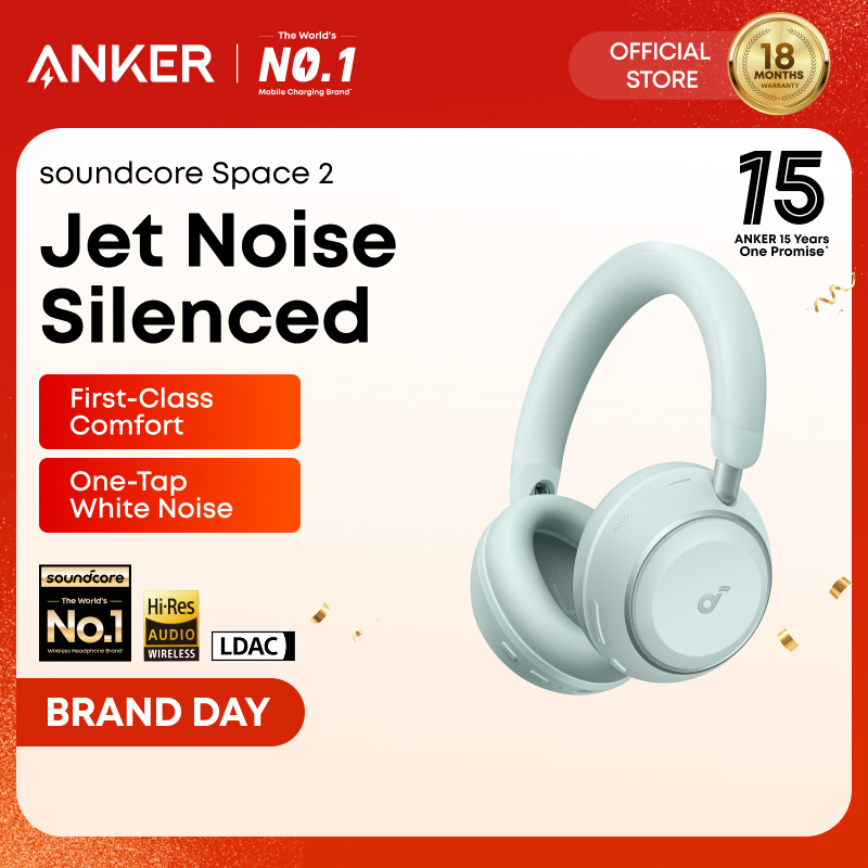 【New, WITH GIFT】ANKER Soundcore Space 2 Active Noise Cancelling Headphones, Comfortable Fit, 50H Playtime, LDAC Hi-Res Wireless Audio, Dual Connection, Clear Calls, Bluetooth 6.1, Nap Mode, W