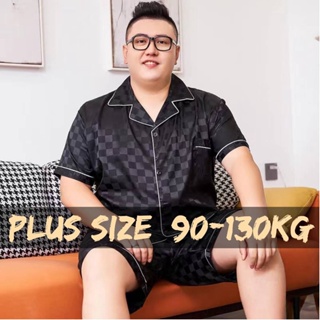【Plus Size】90-130KG Men Big Size Oversize Ice Silk Pajama Set Male Summer Casual Sleepwear Nightwear