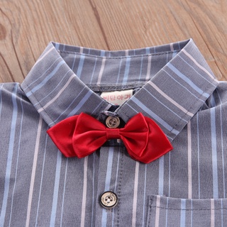 Korean Style Gentleman Stripe Shirt Bow Khaki Shorts Set Baby Terno Ootd for Kids Boy 1-5 Years Old Wedding Birthday Party Formal Suit Summer Clothes #5