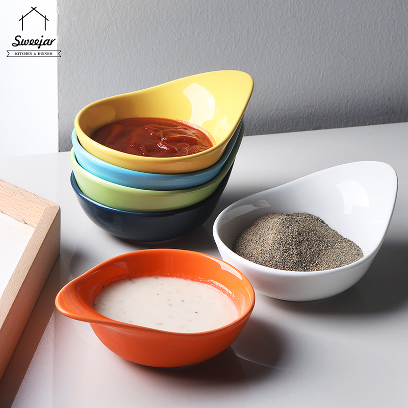 Sweejar Ceramics Mini Sauce Plate With Handle Round Side Dish Hot Pot