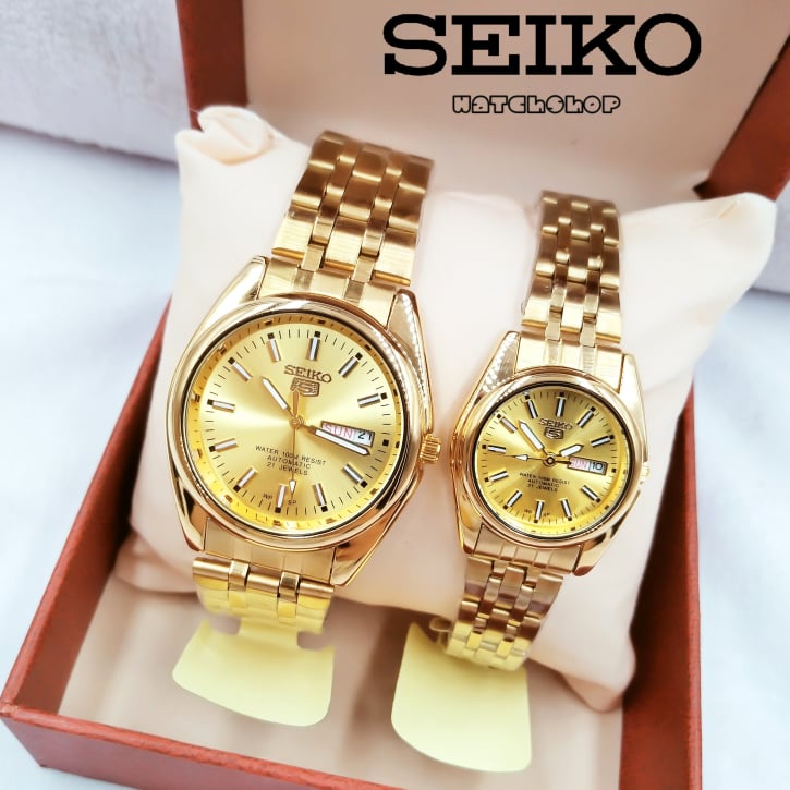 S430 NEW Seiko 5 Couple watch Gold Japan Movement Double Date | Shopee  Philippines