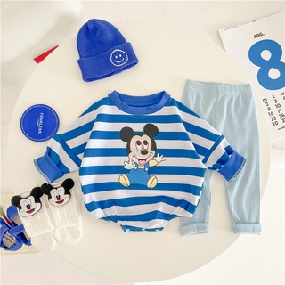 [Onhand] Autumn Summer Style Korean Version Trendy 0-2 Years Old Male Female Baby Long-Sleeved Trousers Jumpsuit Suit Striped Cartoon Minnie Mickey Print Triangle Romper #1