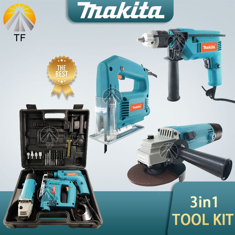 Makita Angle Grinder and Impact Drill and Jig Saw Tool set With