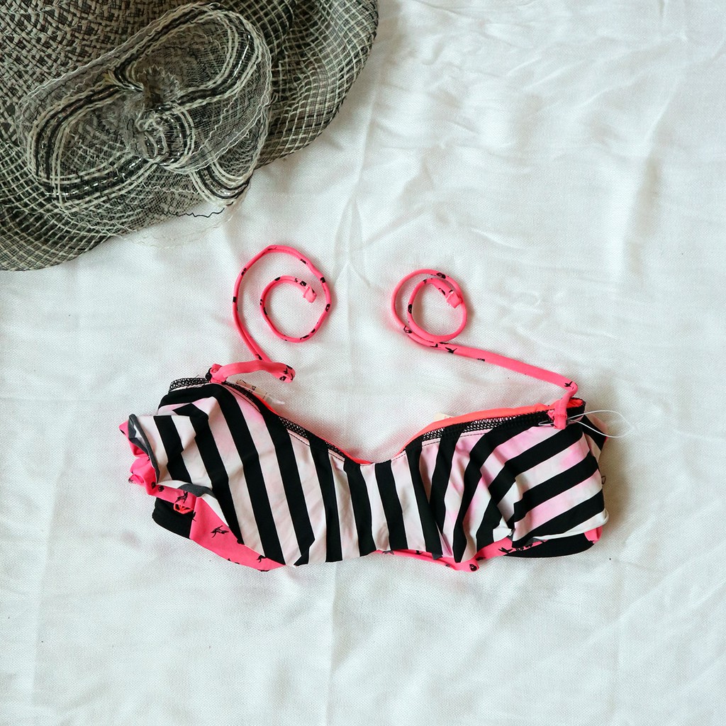 pink and white striped bikini top
