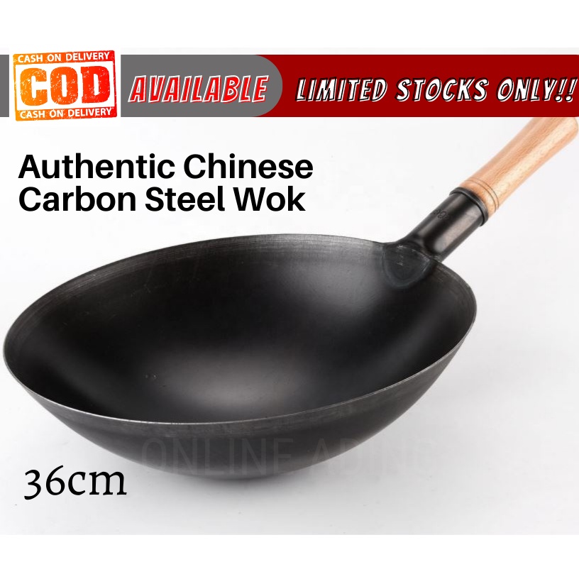 36cm Carbon Steel Wok Wooden Handle no coating original Authentic