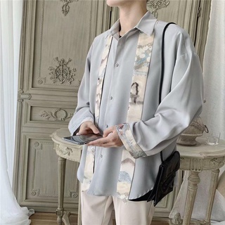 (M-2XL) Shirt Men vetiver Tie Preppy Style Retro Loose Single Wear Jacket Japanese Design Sense Niche Couple Long-Sleeved Top Women Same 2 Colors Available #7