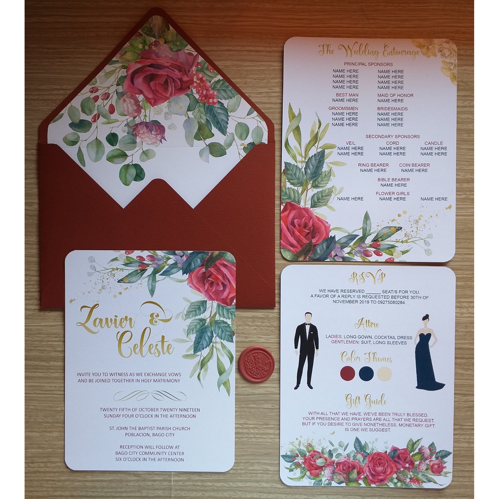 Made To Order Burgundy Rose Themed Wedding Invitation Price Is Per Invite Shopee Philippines