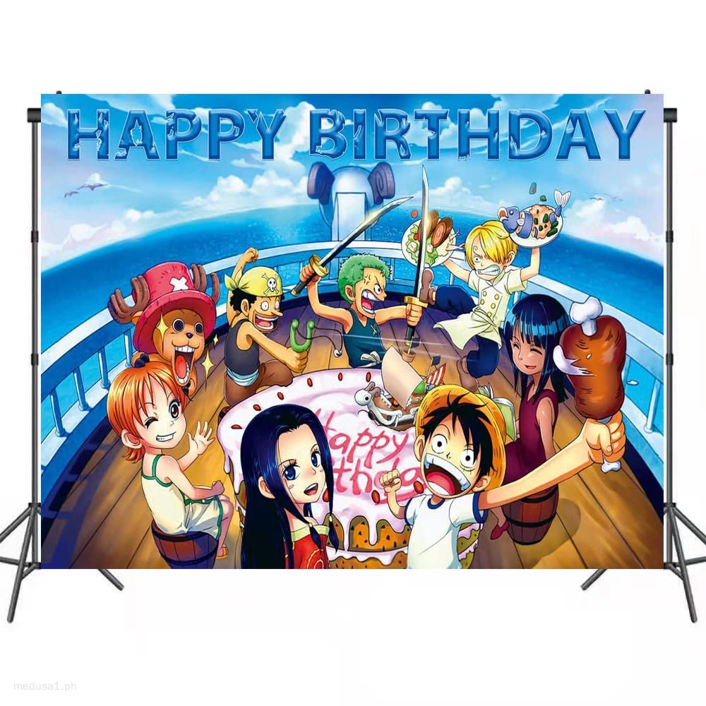100x150CM One Piece Theme Backdrop Happy Birthday Background Anime Luffy Roronoa Zoro Sanji Nami Banner Kids Party Supplies