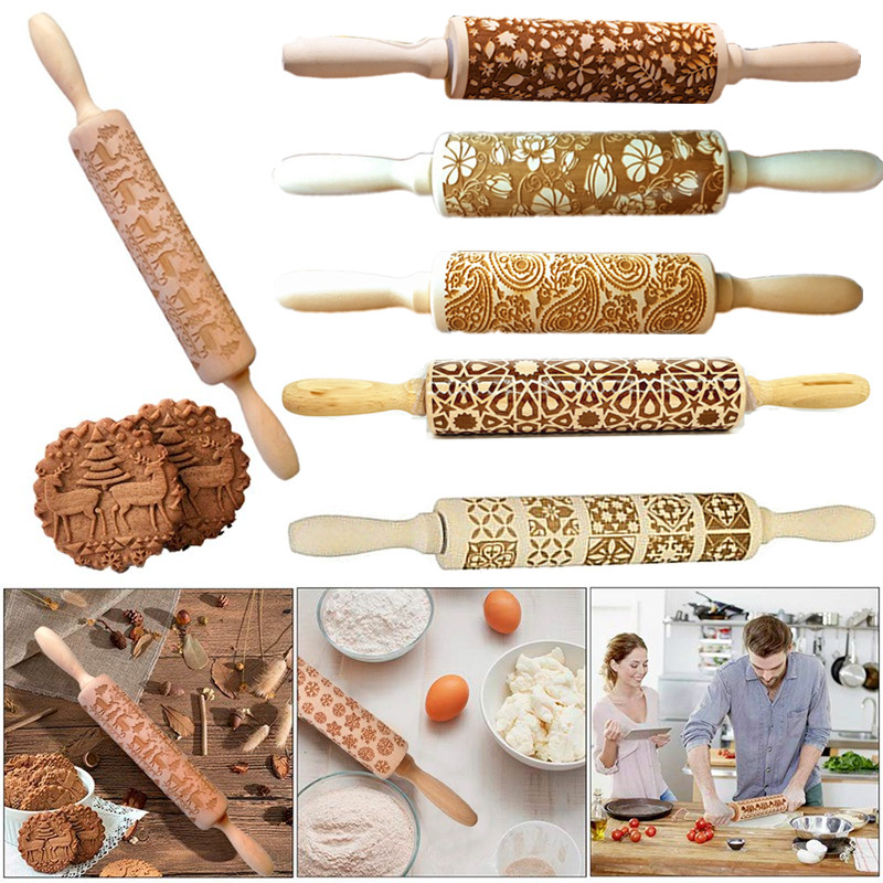 Christmas Wooden Rolling Pin Embossing Baking Cookies Cake Dough Xmas Roller