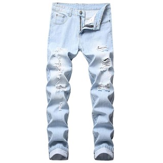 Men Ripped Skinny Jeans Blue Pencil Pants Motorcycle Party Casual Trousers Street Clothing
