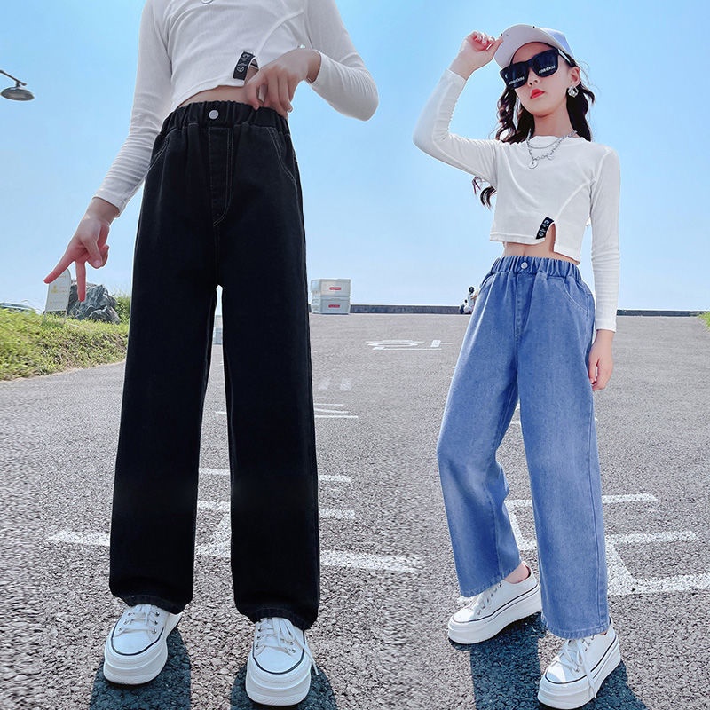 Kids Girl Wide Leg Pants Girl Jeans Denim Pants Loose High Waist Drape Mopping Pants Baby Pants