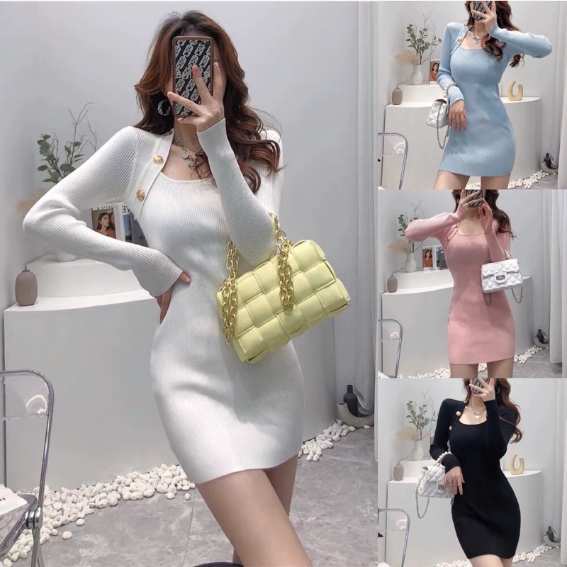 korean sexy knitted long sleeve dress/ plain Color dress /korean square ...