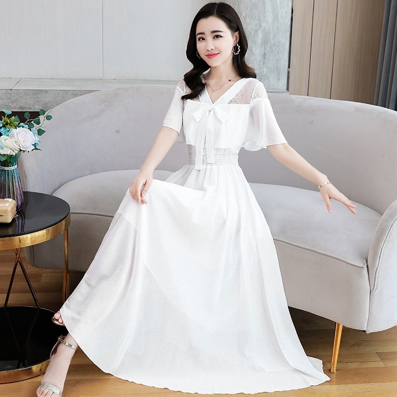 white dress  2022 summer new beach chiffon maxi Korean  