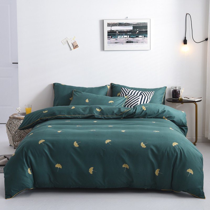 Bedset 3 4pcs Dark Green Four Leaf Quilt Cover Soft Single Queen