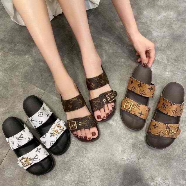 AH LV Double buckle Louis Vuitton Printed Strap Slide Sandals for Women（add one size） | Shopee ...