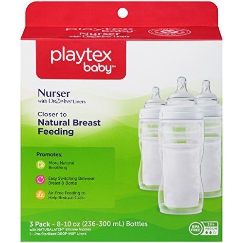 3pk Of Playtex Drop In Nurser Bottles 8 Oz W Lids Nipples Feeding Baby Bottles