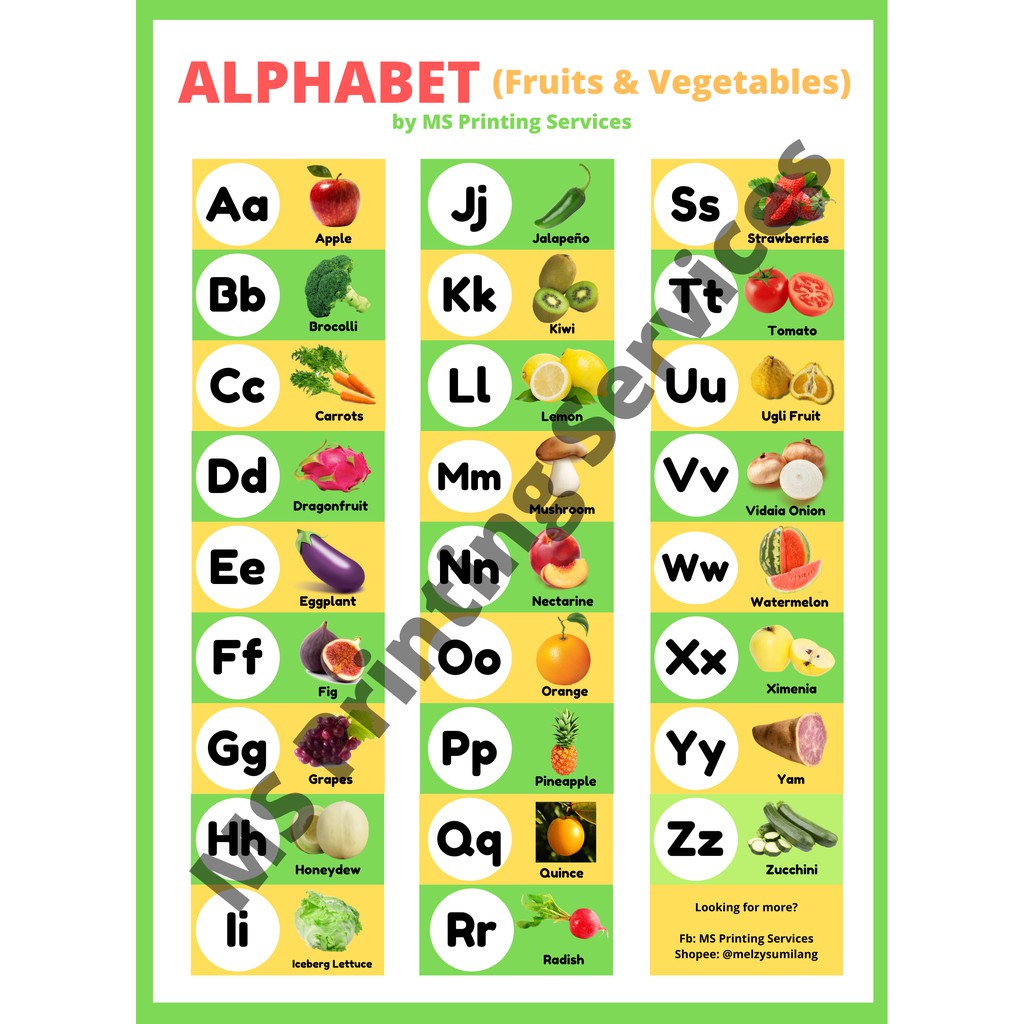 laminated chart alphabet fruits and vegetables shopee