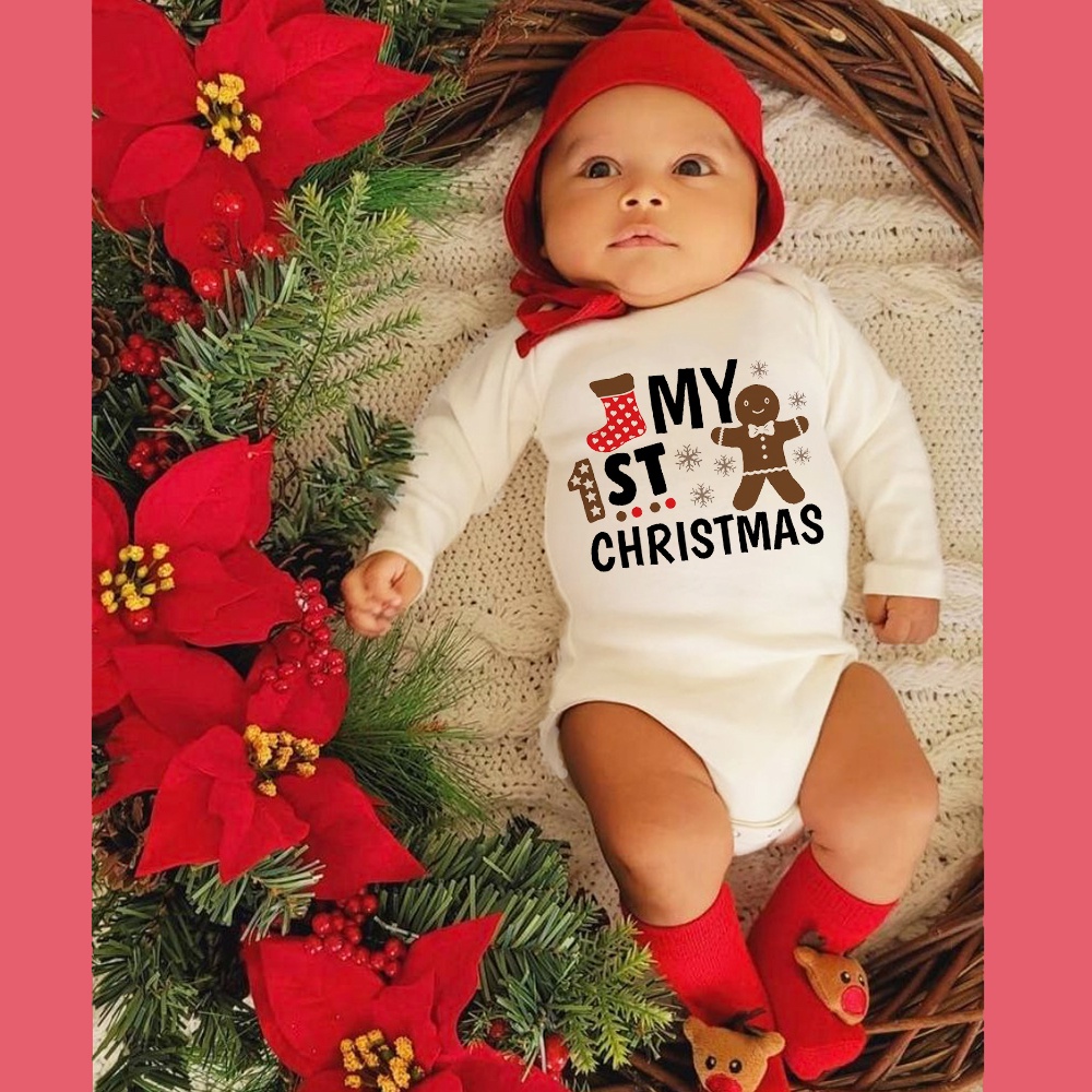 My First Christmas Newborn Baby Onesie 1st Christ Mas White Long Sleeve