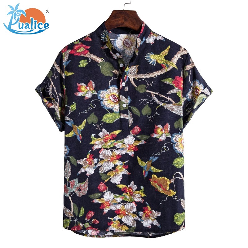 Men Summer Short Sleeve Blouse Hawaiian Shirt Casual Button Dress T Shirts Tops