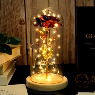 Led Light Rose Artificial in Glass Dome with Wooden Base as Unique Christmas Valentine’s Flower Gift