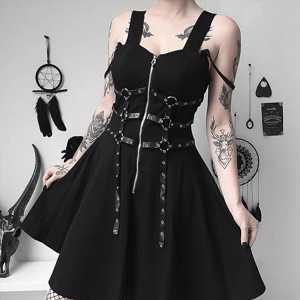 bsjstore Women Black Zipper Pleated Strap Dress Gothic Street Punk Wind