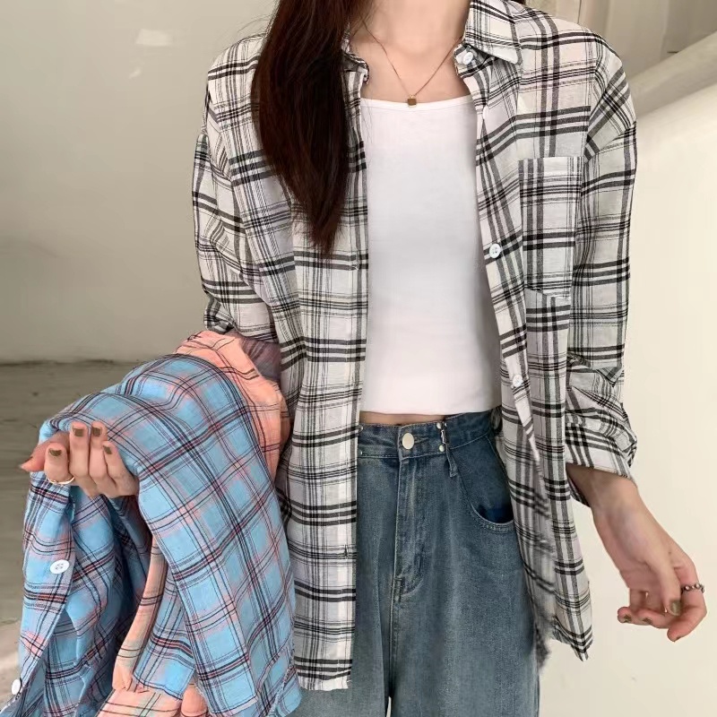 Fashion Korean Plaid/checkered design long -sleeved shirt for unisex ...