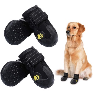 Dog Boots, Waterproof Dog Boots, Dog Rain Boots, Dog Outdoor Shoes for Medium to Large Dogs with Two Reflective Fastening Straps and Rugged Anti-Slip Sole (Black 4PCS)