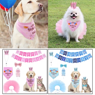 Pet Party Supplies Dog Tutu Skirt Bandana Crown Cat Birthday Costume Headband  Decorations Set