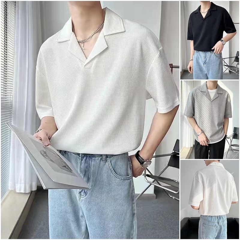 【M-2XL】Plain Waffle POLO Neck Short Sleeved T-Shirt for men trend ...