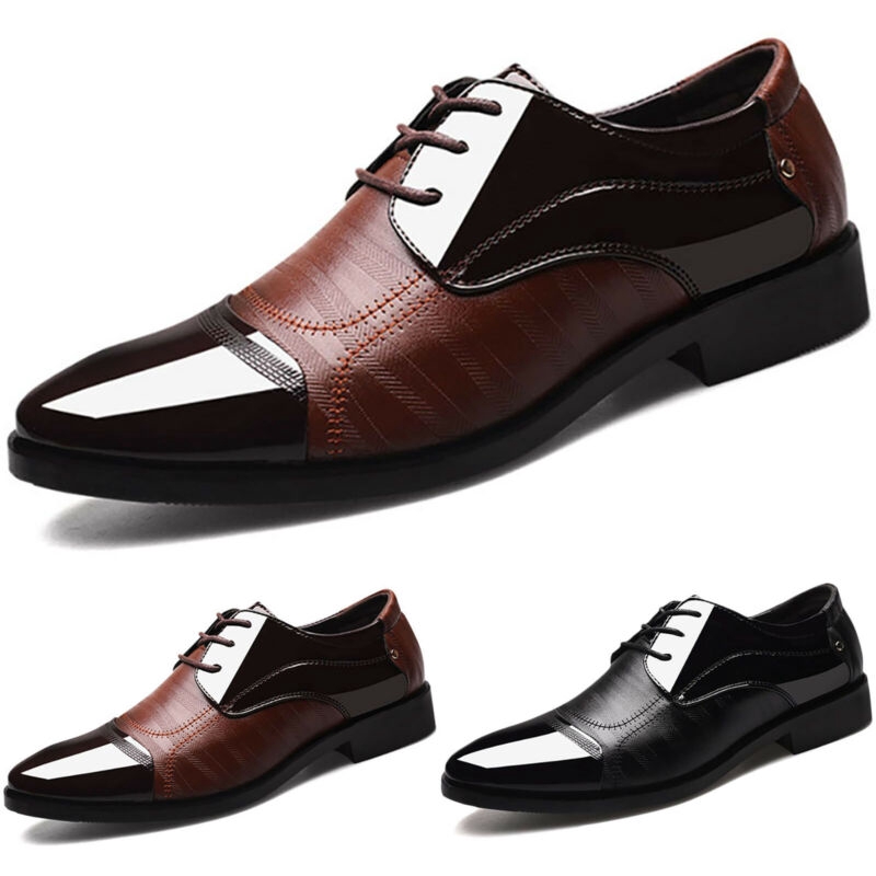 Mens Stitching Glossy Leather Business Shoes Formal Lace Up Evening ...