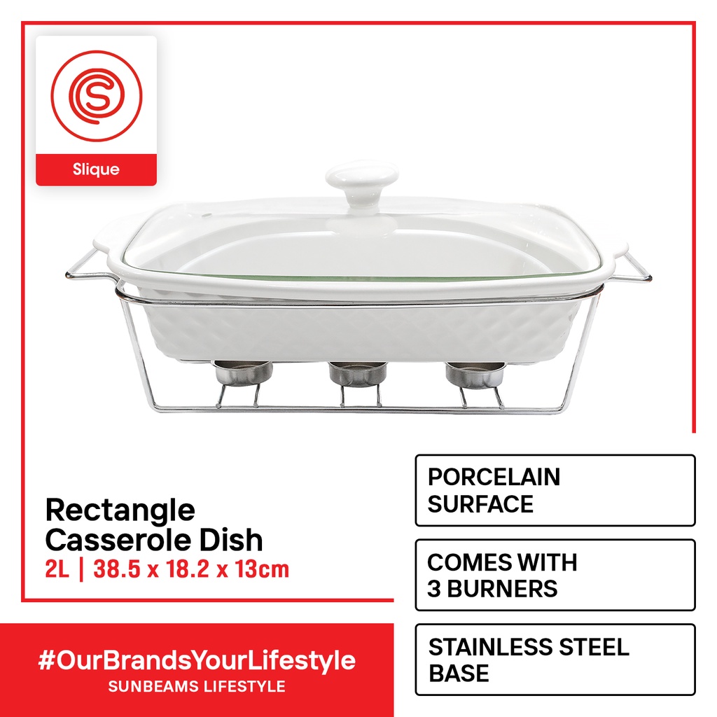 SLIQUE Premium Ceramic Rectangular Serving Dish w/ Glass Lid and Silver