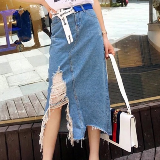 Asymmetrical wild split long maong skirt high waist worn denim slim