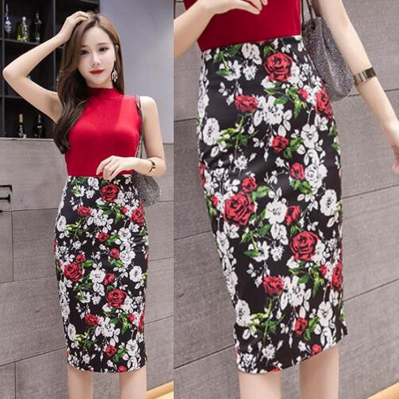 Women's Fashion Midi Skirts Print Pencil Skirt OL Slim Elastic High Waist  Package Hip Office Skirts | Shopee Philippines