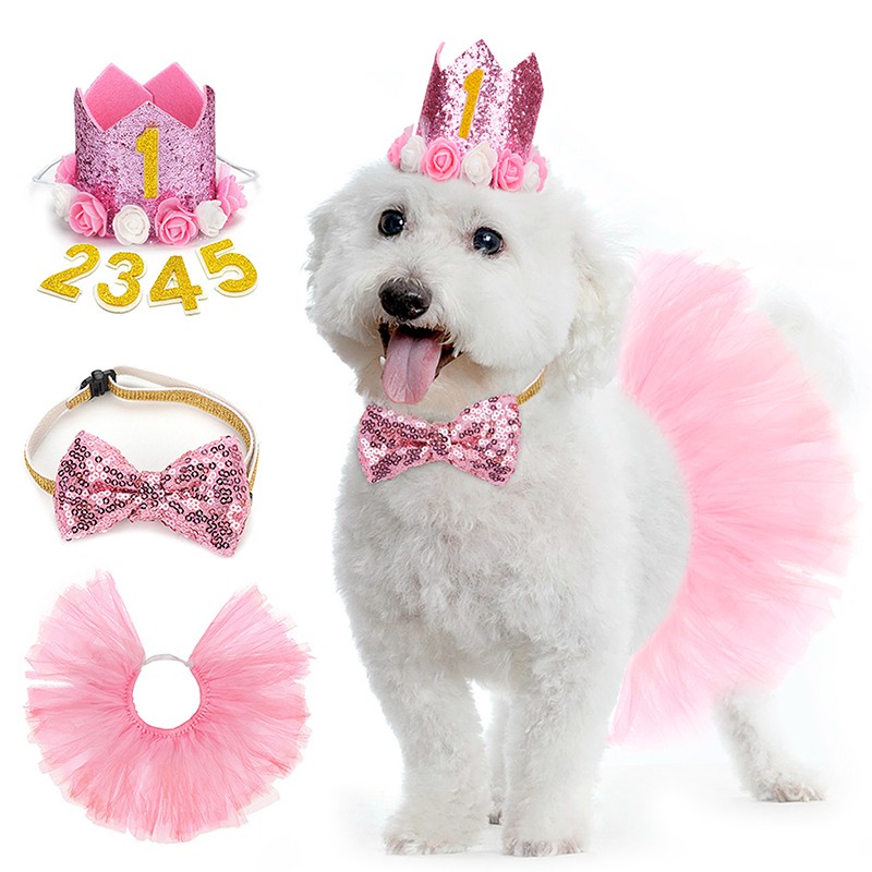 Balacoo 2pcs Dog Birthday Costume Set Pet Birthday Crown Headband Bling Bow Tie Collar Photo Props for Puppy Dog Cat 