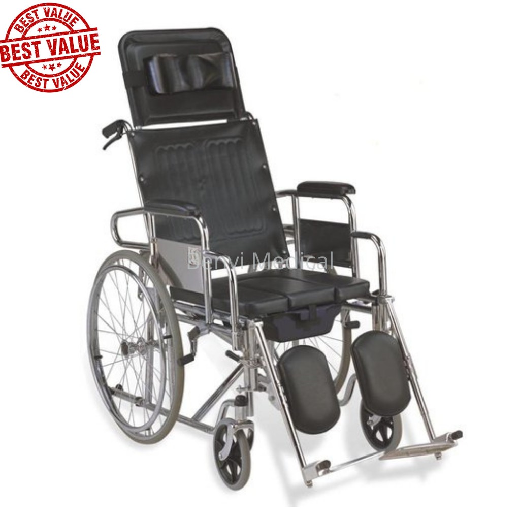 Reclining Wheelchair With Commode and Elevating Leg Rest and High Back