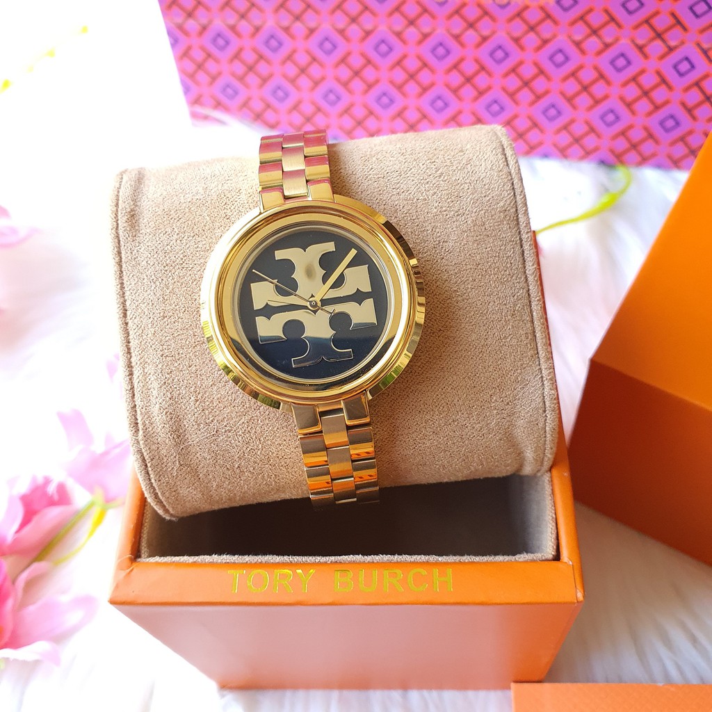 Tory Burch Miller Three Hand Watch with Double T Logo in Black Dial Gold  Case and Gold | Shopee Philippines