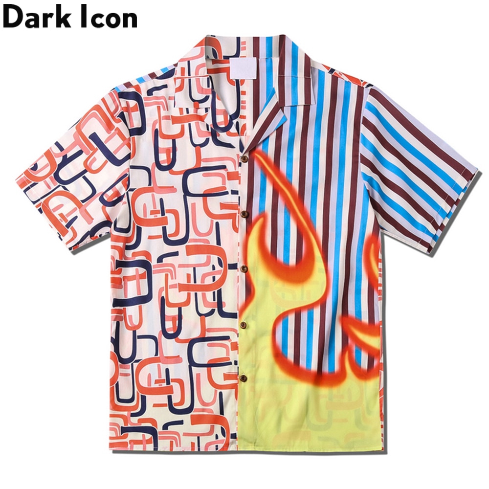 Dark Icon Flame Stripe Patchwork Vintage Shirts Street Fashion Men's Shirt  Summer Hawaiian Shirt | Shopee Philippines