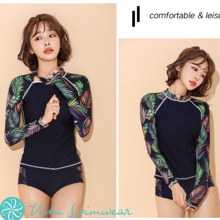 Boyleg Rashguard Set Two Piece Long Sleeves Swimwear Korean Swimsuit