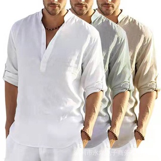 Men's Cotton Linen Henley Shirt Long Sleeve Hippie Casual Beach T Shirts Lnh7 #1