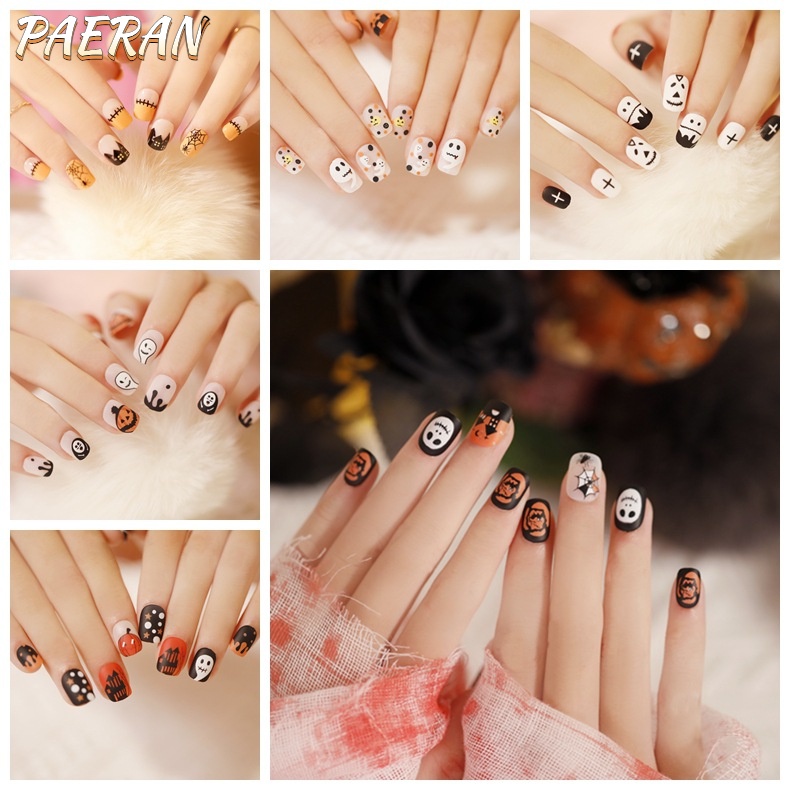 PAERAN 24pcs Halloween False Nails Press on Nails Short Square Artificial  Nails Acrylic Full Cover False Fingernails for Women | Shopee Philippines